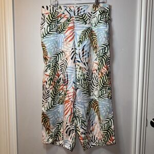 TAHARI 100% Linen Palm Print Wide Leg Pants Size 1X Colorful Tropical Resort EUC